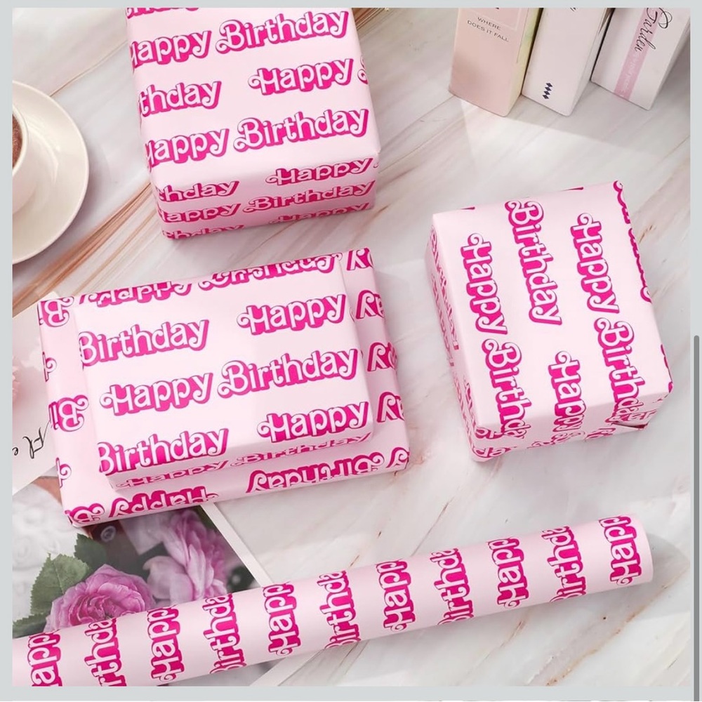 Happy Birthday Wrapping Paper Mini Roll 17in x 32.8Ft Y2K Barbie Font Gift Wrap